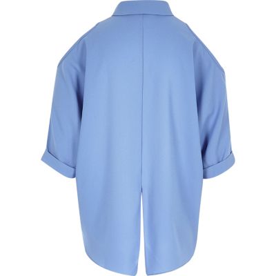 Girls blue cold shoulder slit back shirt